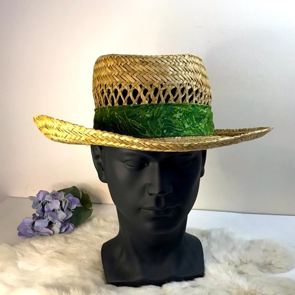 Vintage DPC Straw Woven Homburg Hat with Green Tropical Print Hat Band Unisex - Picture 1 of 8